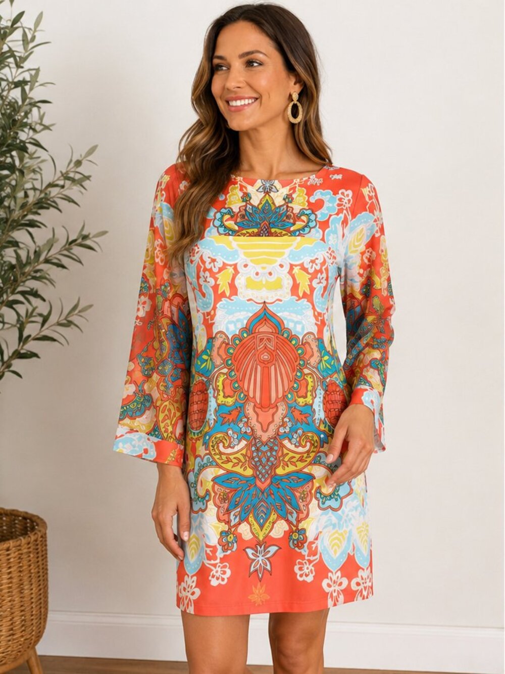 Analili Women's Printed Shift Dress – Like New – Made in USA – Deep V-Back